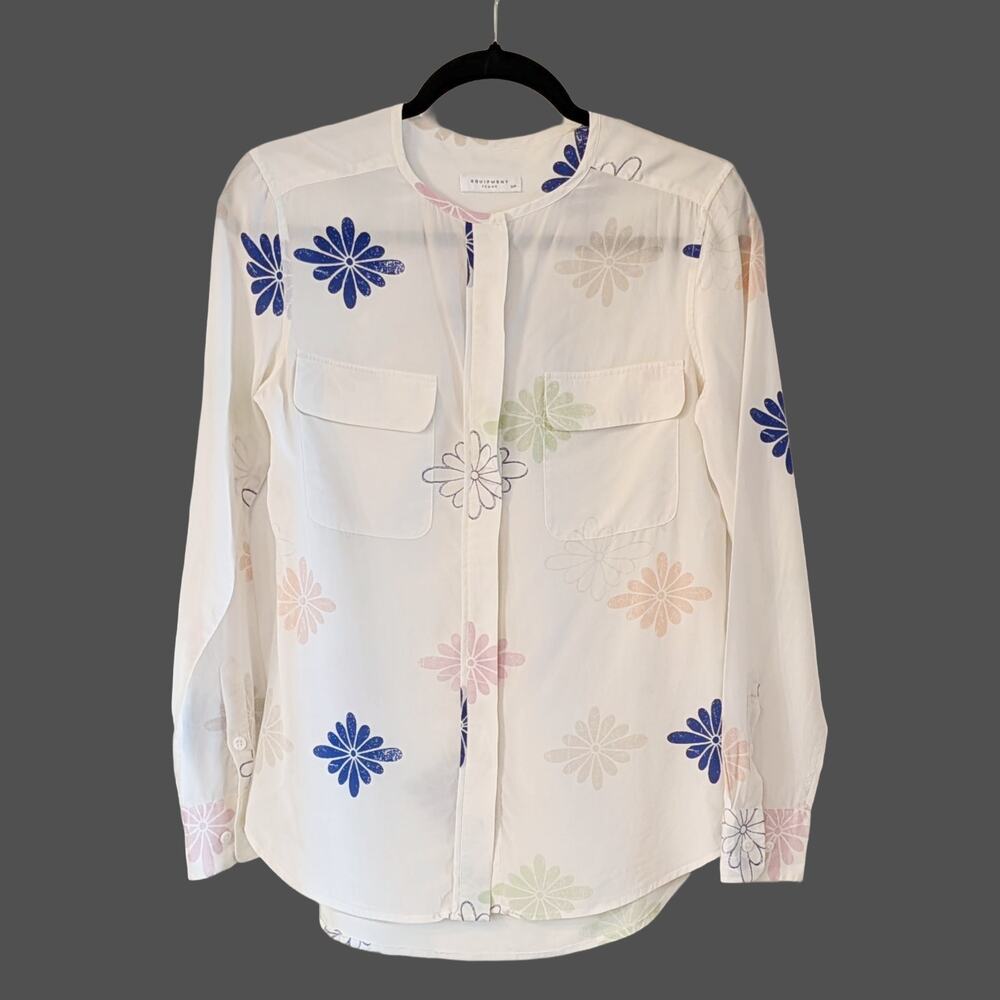 Equipment Femme 100% Silk Floral Blouse S Ivory Button Down Top